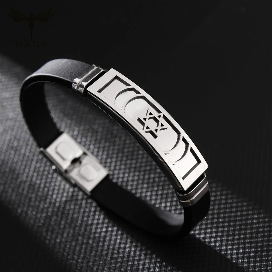 Jewish Star of David Charm Bracelet Women Stainless Steel Buckle Bangle Adjustable Black Silicone Bracelets Jewelry Wholesale